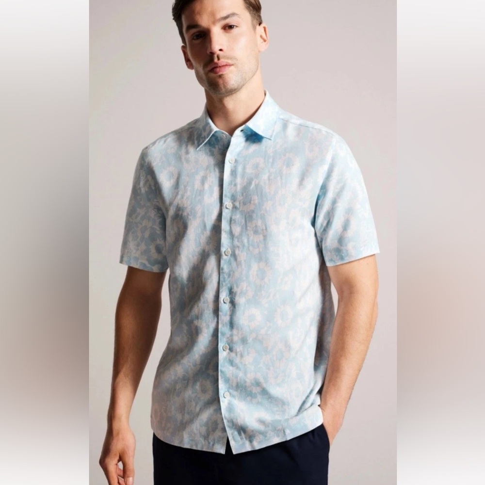 Ted Baker Flaisby Blue Floral Linrn Blend Short-Sleeve Button-Down Shirt Sz 5